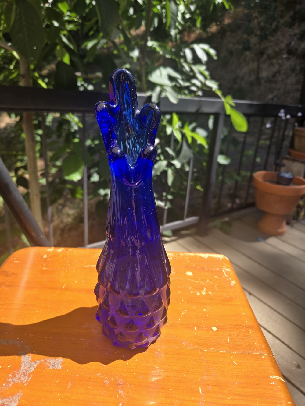 Cobalt Blue Swung 5 Finfer Glass Vase - Textured Pineapple